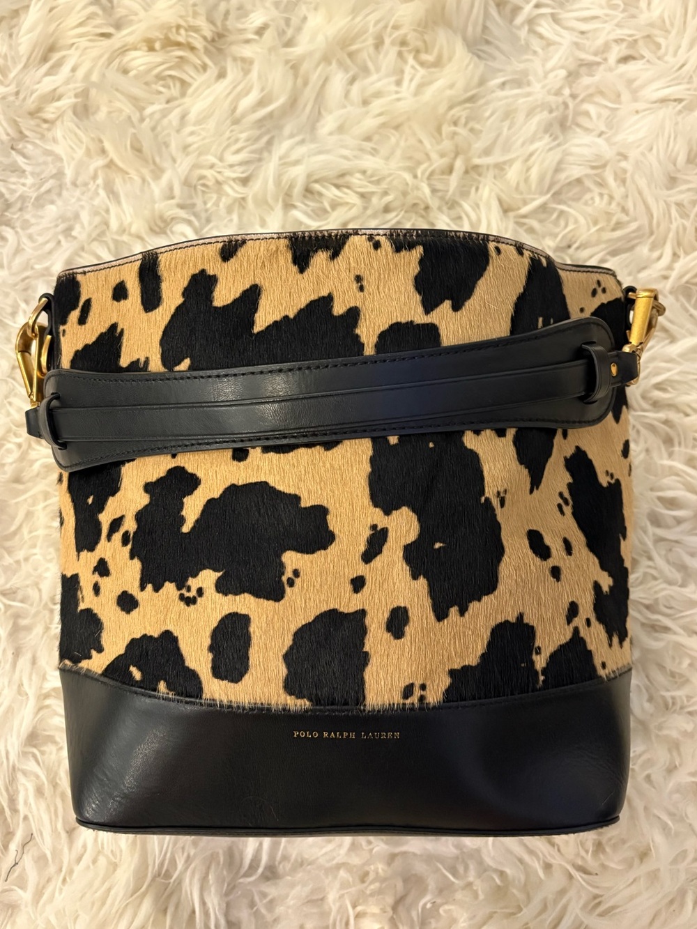 Ralph Lauren Small Hair Calf Bucket Bag Animal Print Purse Handbag Black Leather - Picture 3 of 16